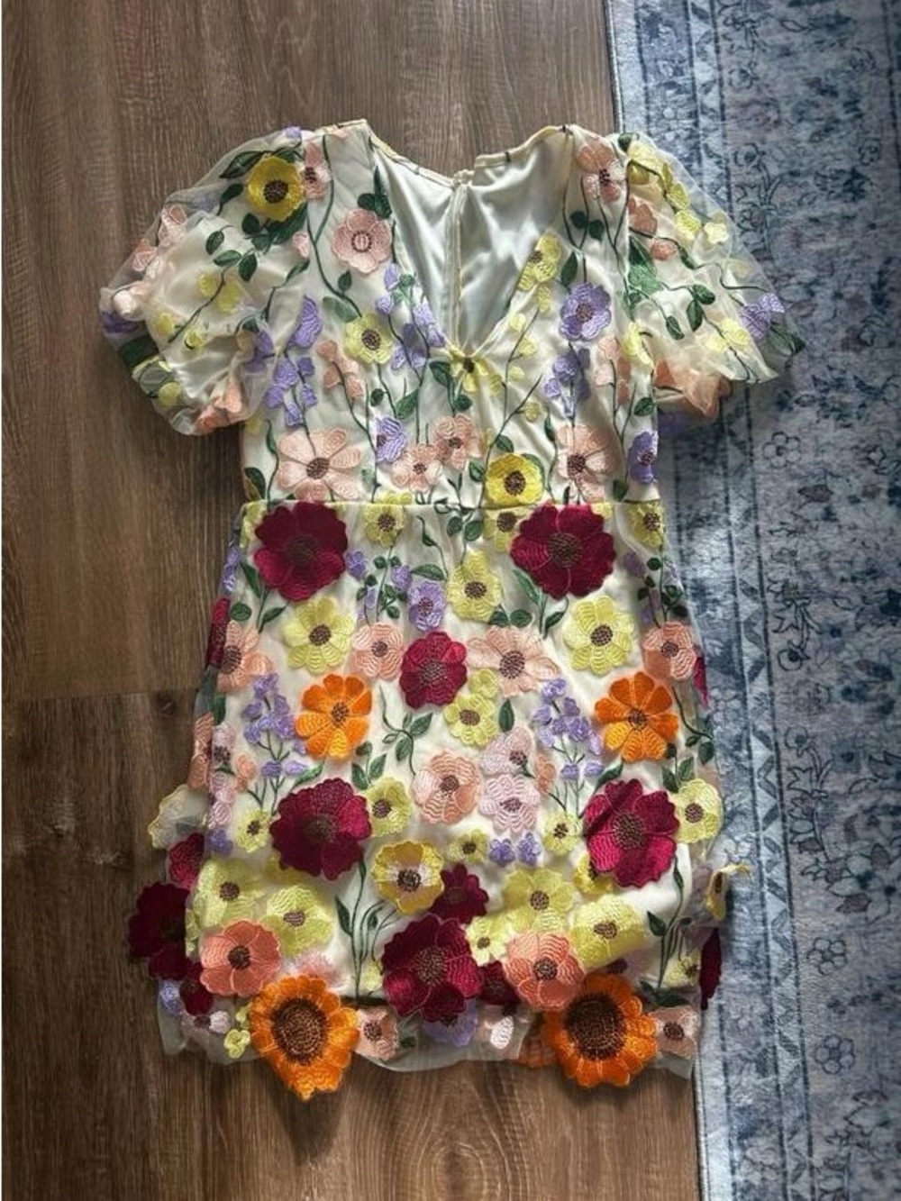 Embroidered Cream Midi Dress with Multicolor Floral Appliqués